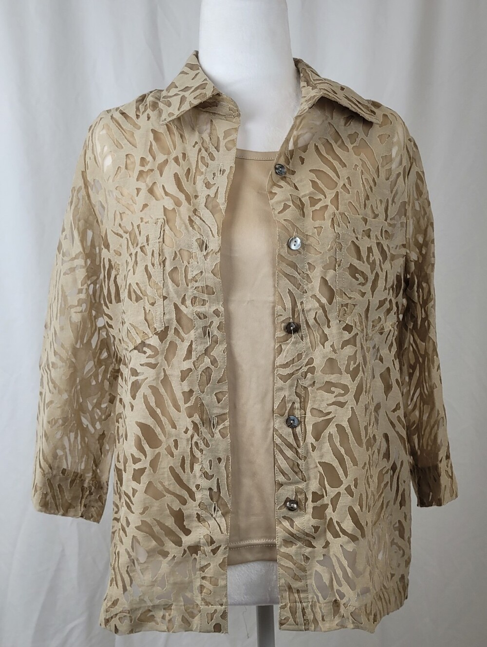 2 Pieces White Stag Sheer Leaf-Pattern Button Front Jacket in Beige NWT
